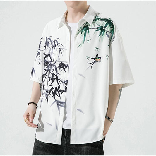 [MOWENZHAI Series] ★Chinese style shirt★ Tops, unisex, men's, bamboo print, large size, cool, Chinese clothing