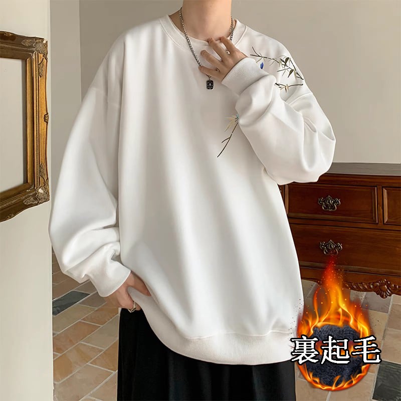 [KADISHOU Series]★China style tops★ 4color brushed lining long sleeve tops sweatshirt unisex men's large size bird and leaf pattern