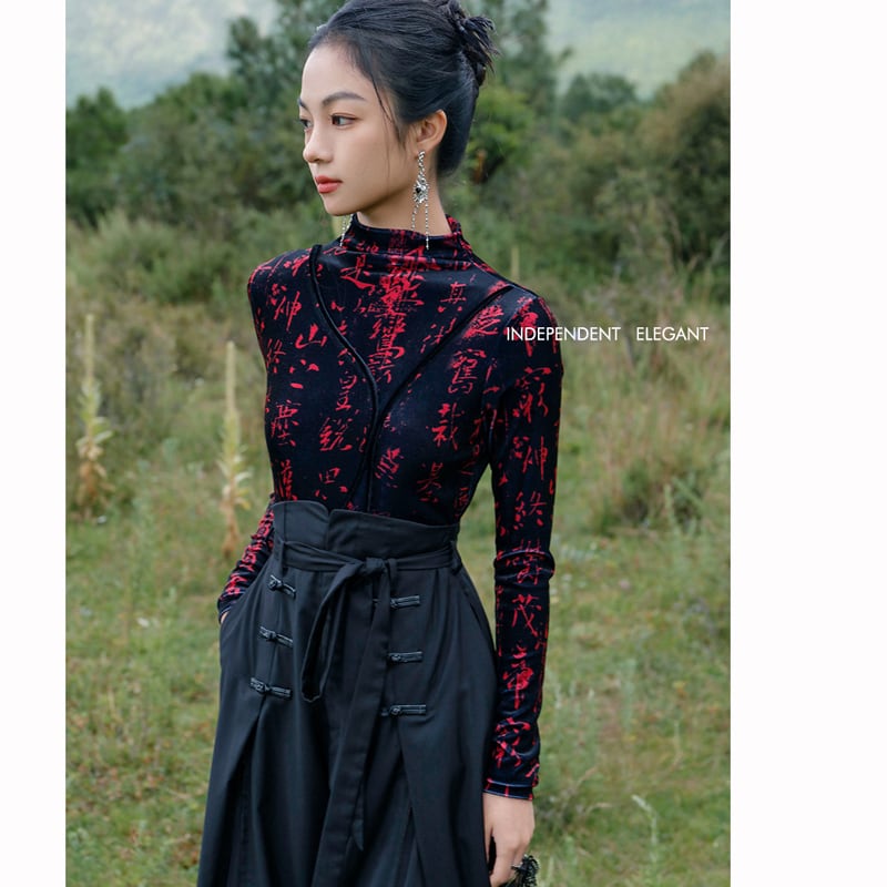 [Big Blue Dragon Series] ★China style tops★ Velvet letter pattern slim slimming black red black red