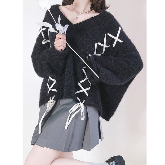 [Nekogan Series]★Sweater★ 2color Black or Gray Tops V-neck Fluffy Loose Black Date Cute