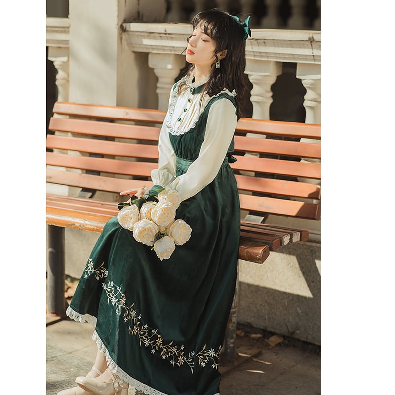 [Nan Kemu Series] ★One Piece★ Long Length Velvet Embroidery Women's Commuting Date Green Green SML XL