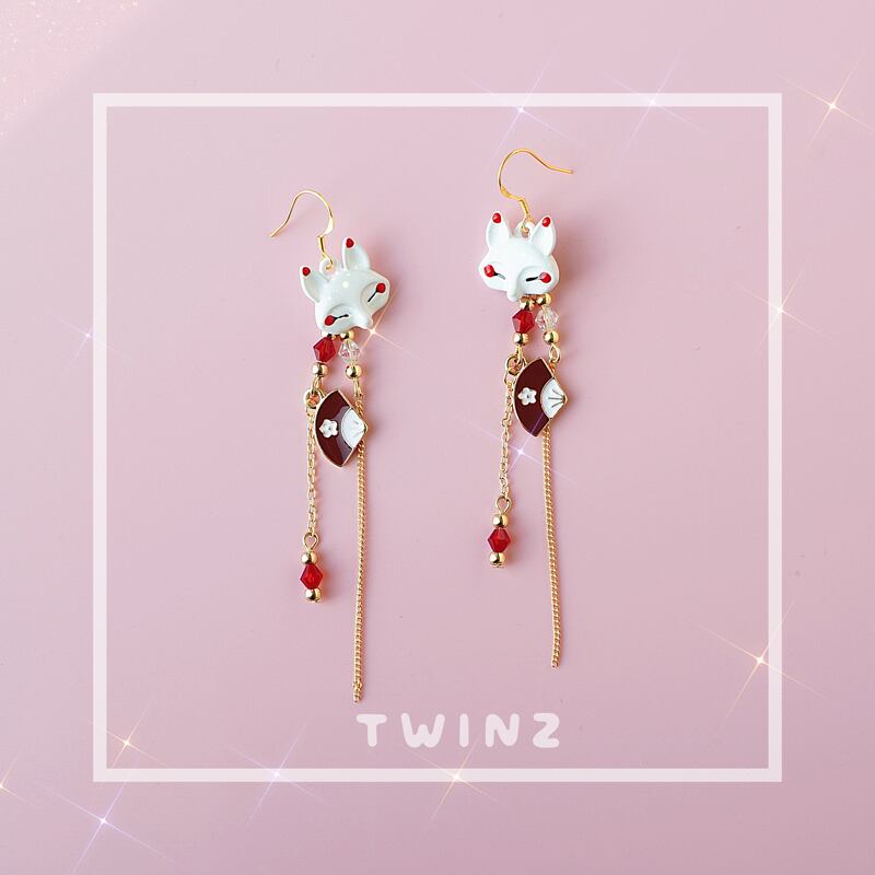 [Dashiro Series] ★Earrings★ Pair Accessories 4 Types Fox Fan Red Gold Cute Long Length 9cm