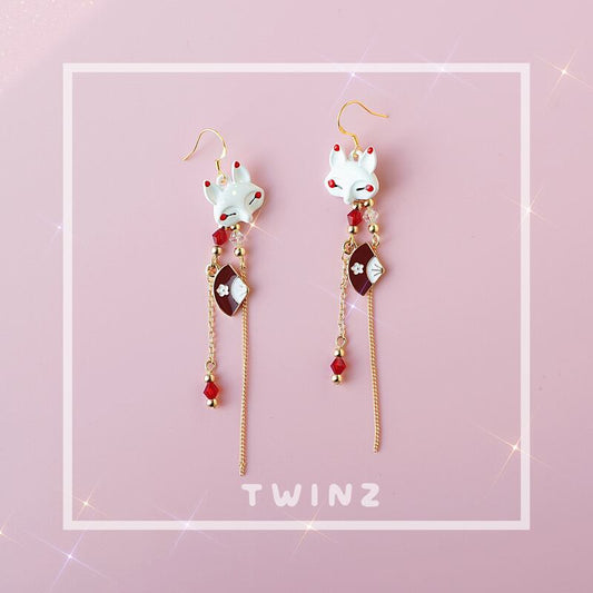 [Dashiro Series] ★Earrings★ Pair Accessories 4 Types Fox Fan Red Gold Cute Long Length 9cm