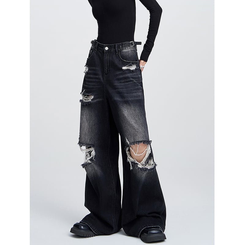 [EDX Series]★Denim Pants★ 2color Bottoms Unisex Men's Black Blue Distressed Easy to Match