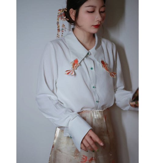 [Big Fish Series]★China Style Shirt★ Tops Goldfish Women's Long Sleeve Shirt Embroidery Large Size White White