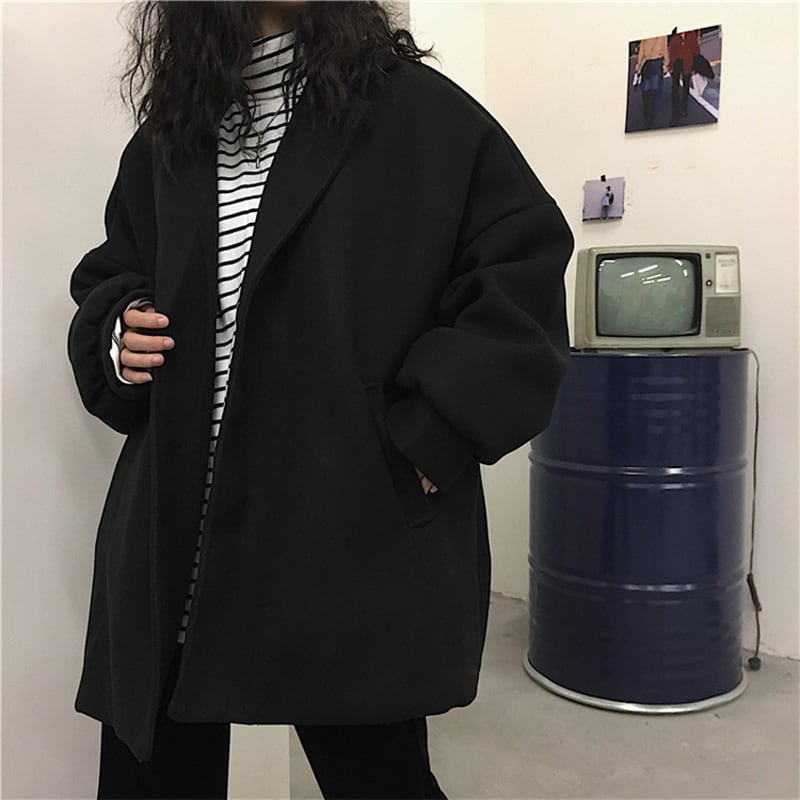 [Miyakoya Series] ★Trench coat★ Rasha Unisex Thick Warm Black Black ML Plain Simple Harajuku style Easy to match