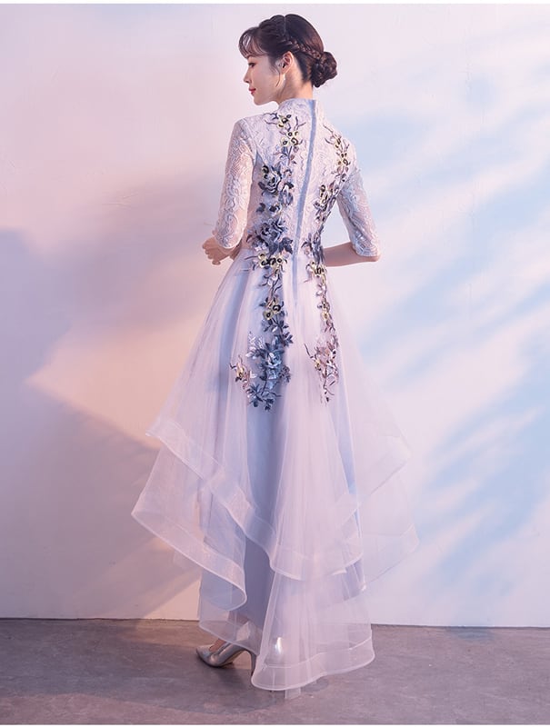 Party Dress, One Piece, Improved Chinese Dress, Long Dress, After-Party, Wedding, Concert, Elegant, Chinese Style, Stand Neck, Half Sleeves, Long Length, Asymmetrical, Large Size, Blue, Blue, Embroidered, Lace