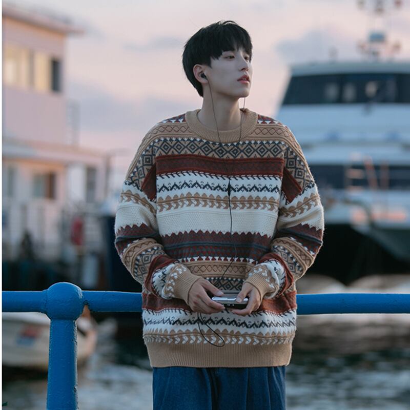 [Pvpvpv Series]★Sweater★ 2color Tops Christmas Unisex Men's Vertical Striped Striped Pattern Gray Brown