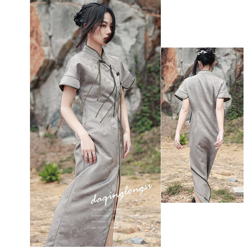 [Da Qinglong Shu Series] ★China style dress★ Improved cheongsam dress Color scheme Improves temperament Long length Silver gray