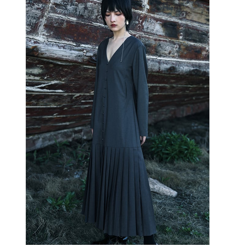 [Daiseiryushu Series]★Setup★ 2-piece V-neck dress + shoulder straps, improves temperament, gray, gray, long length