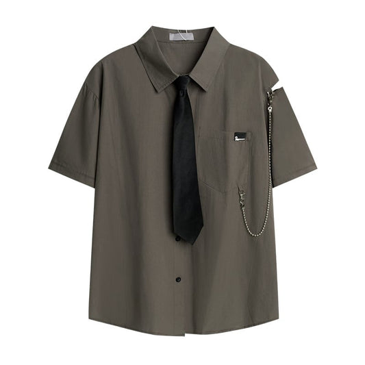 [Seiyasu Series] ★Shirt with tie★ 4 colors Black or white or blue or gray Short sleeves with chain Unisex costume Men's