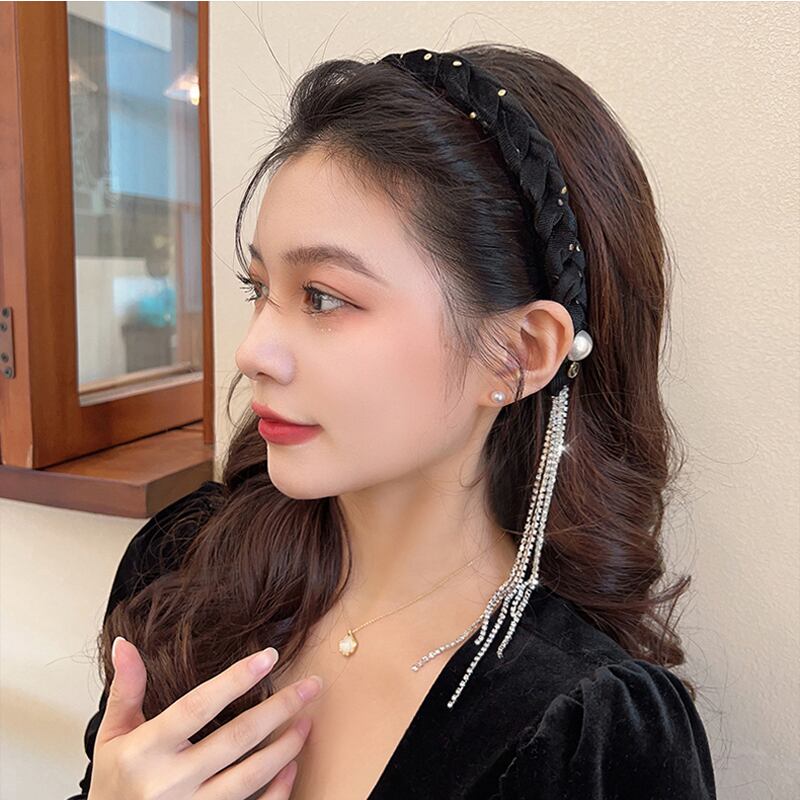 [Rainou Series] ★Headband★ 2color Hair Ornament Accessory Velvet Black Black Asymmetrical Fringe