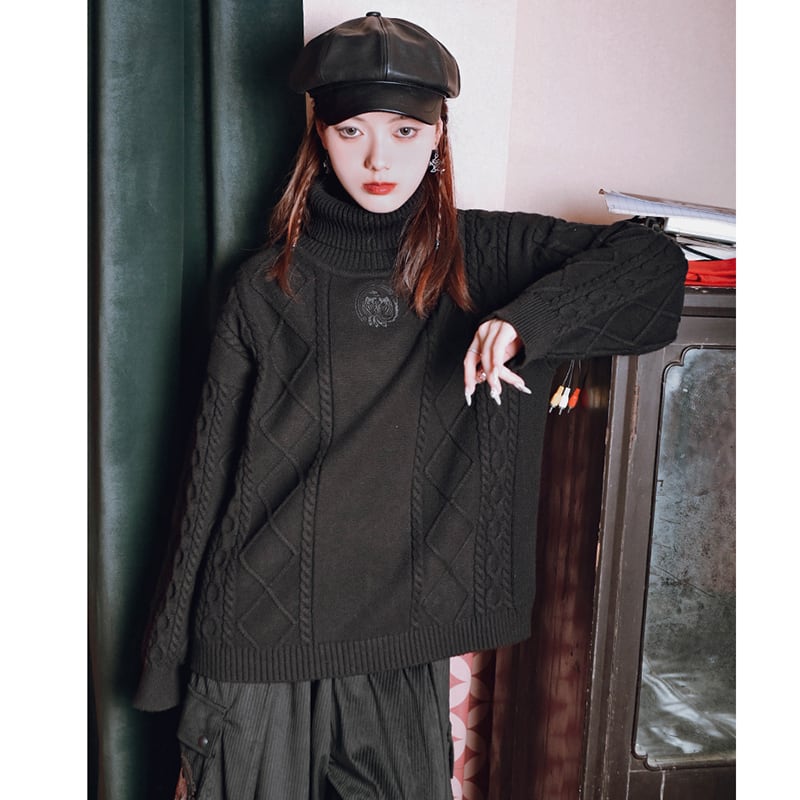 [Kokaisha---Gold Series] ★China style tops★ Sweater Thick and warm High neck Black Black