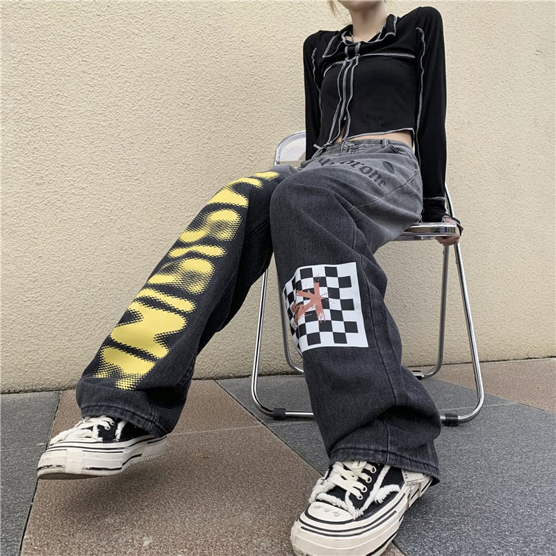 [CHAOHUO series] ★Denim pants★ Bottoms Unisex Check pattern Gray Gray Fashion S M L XL