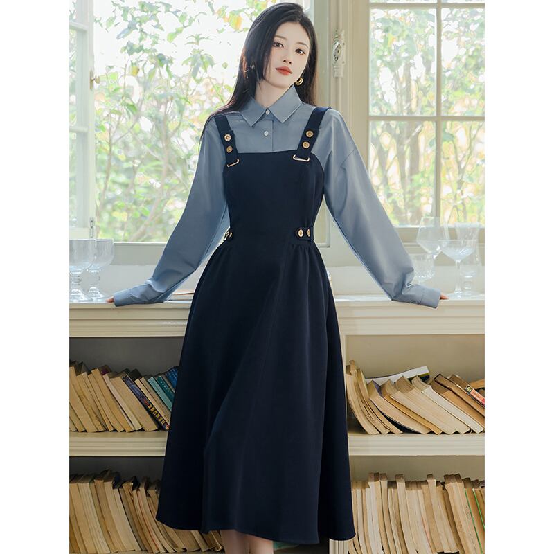 [Rinroki Series]★Setup★ 2-piece set Hanging dress + shirt Women's Blue Blue Commuting Date