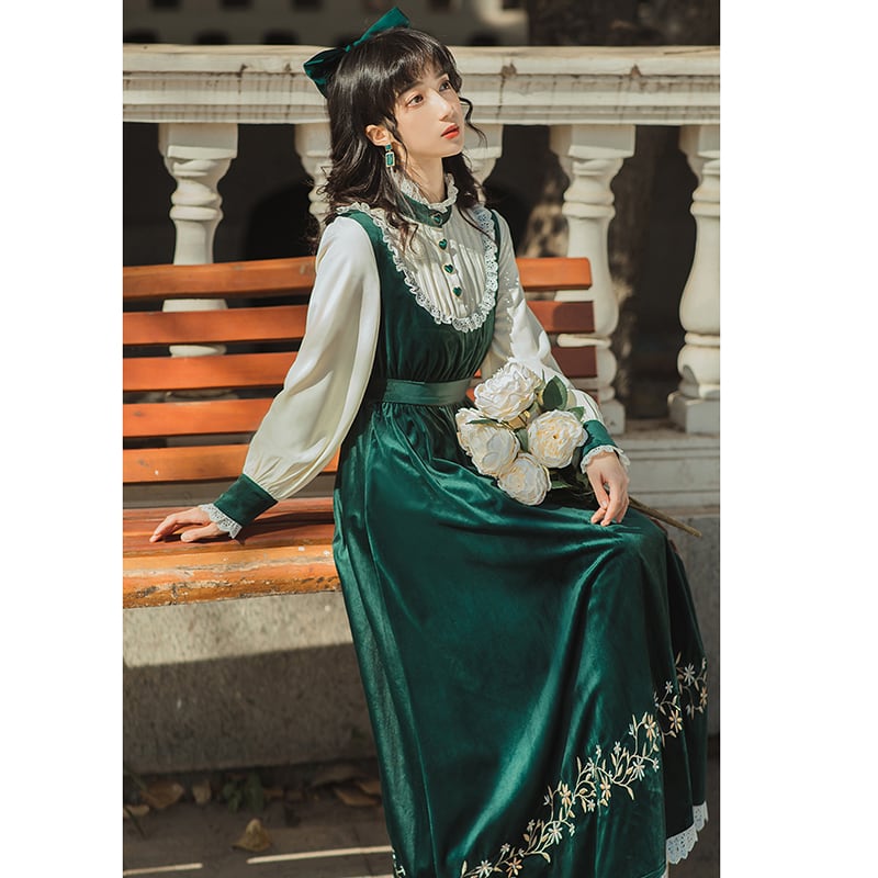 [Nan Kemu Series] ★One Piece★ Long Length Velvet Embroidery Women's Commuting Date Green Green SML XL