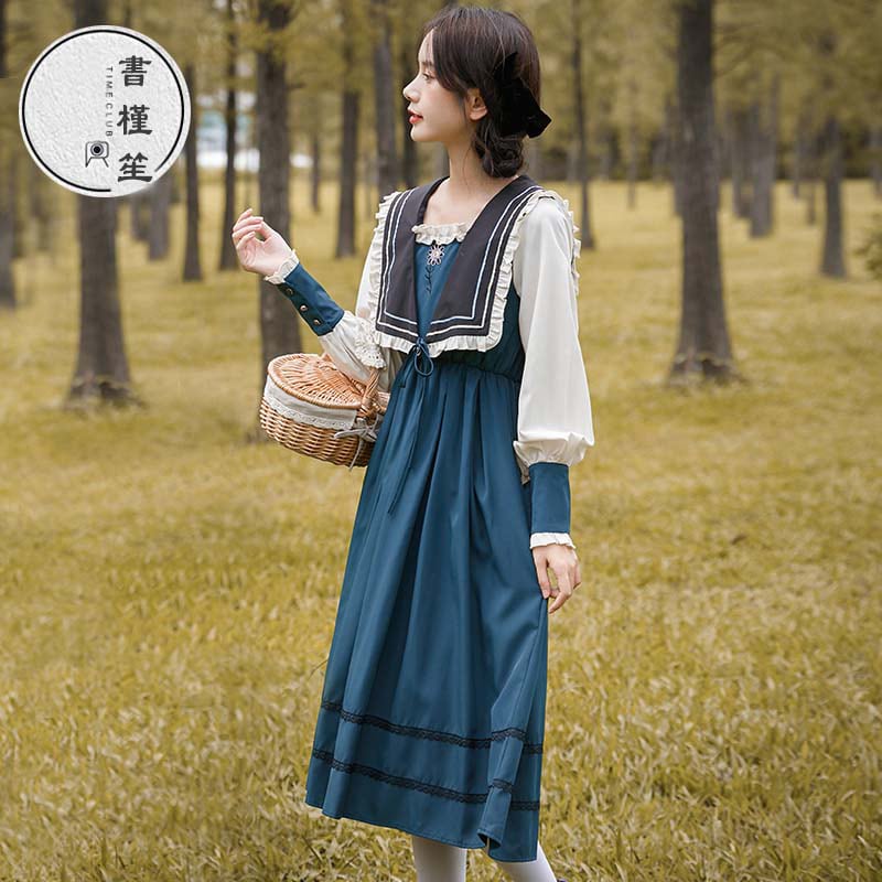 [Shokensho Series] ★Long dress★ JK style sailor uniform color scheme cute Lolita clothes retro blue blue