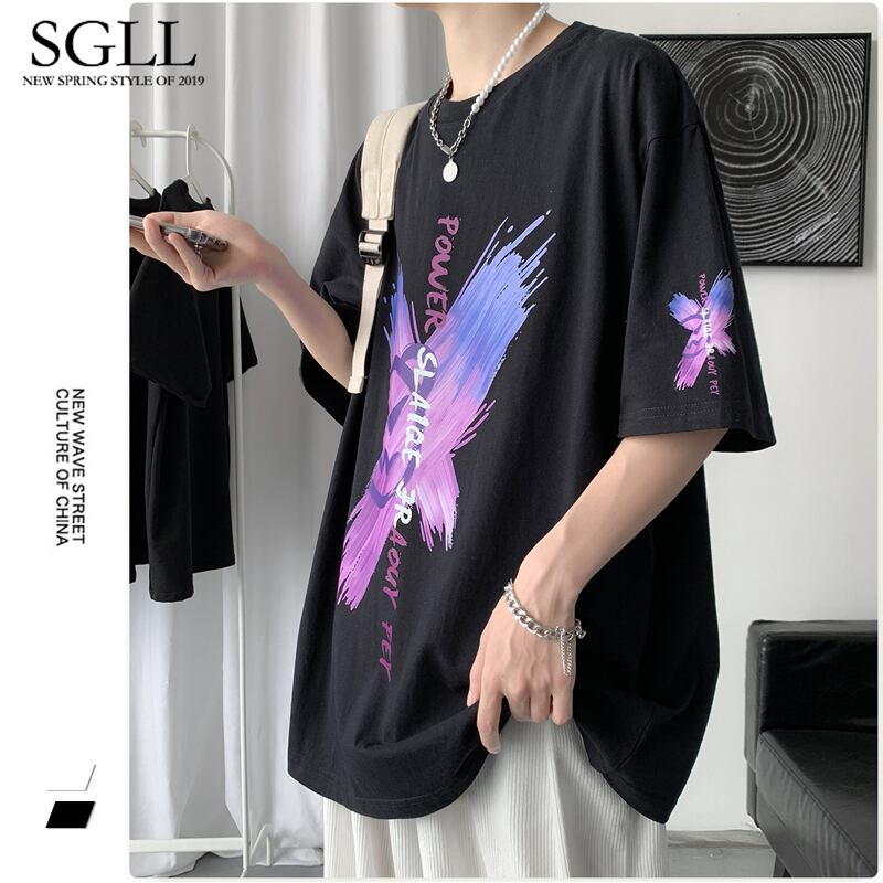 [SGLL Series]★T-shirt★ 3 colors men's unisex butterfly summer black white purple large size