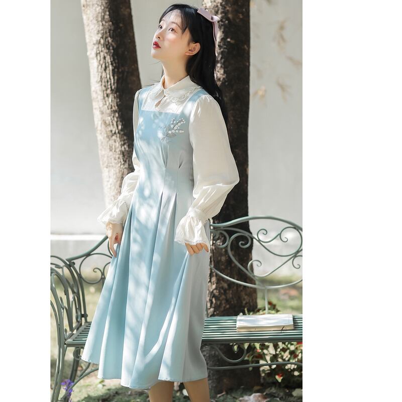 [Calligraphy series] ★Chinese style dress★ Embroidery fake layered republican style color scheme Blue Blue SML XL