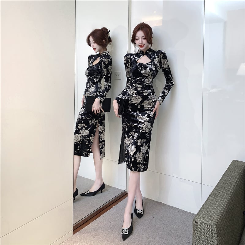 [Hundred Minute Eight Series] ★Floral pattern cheongsam★ Velvet, slimming, sexy, black, black SML, easy to match