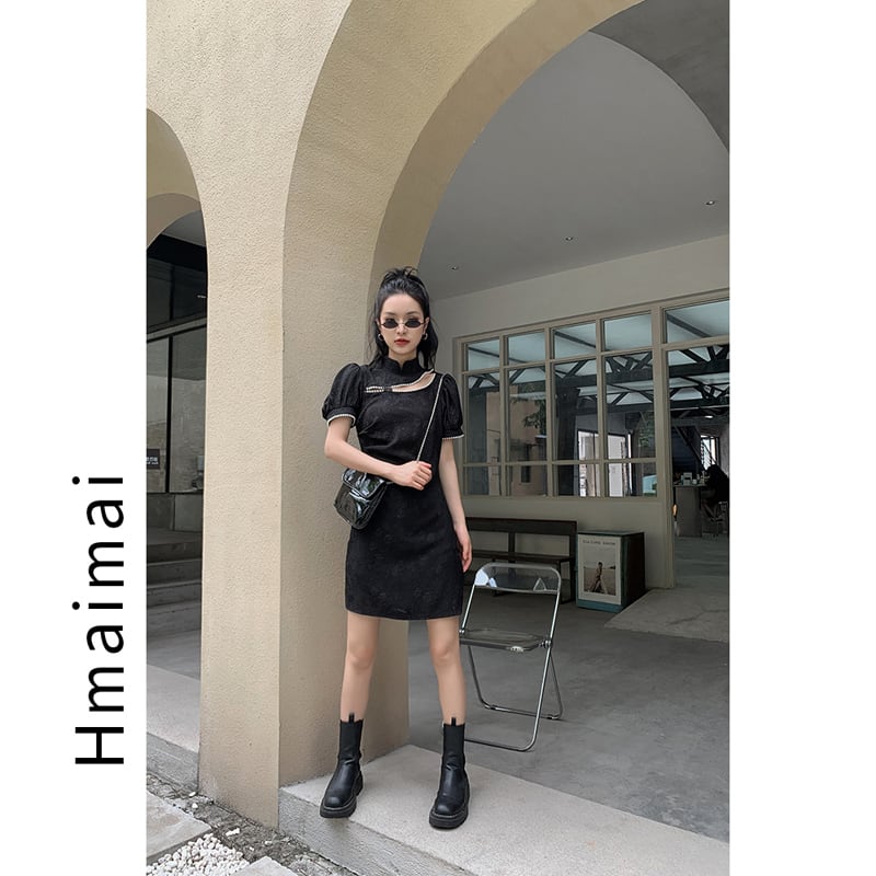 [Hmaimai Series] ★China style dress★ Sexy short sleeve short length cheongsam dress slimming black