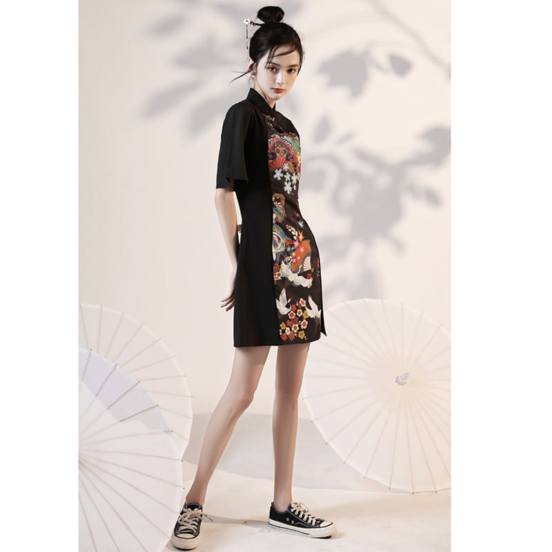 [YUEQIAO Series]★China Dress★ 4color Short Length Chinese Style Dress Crane Chinese Clothes Switching Cute