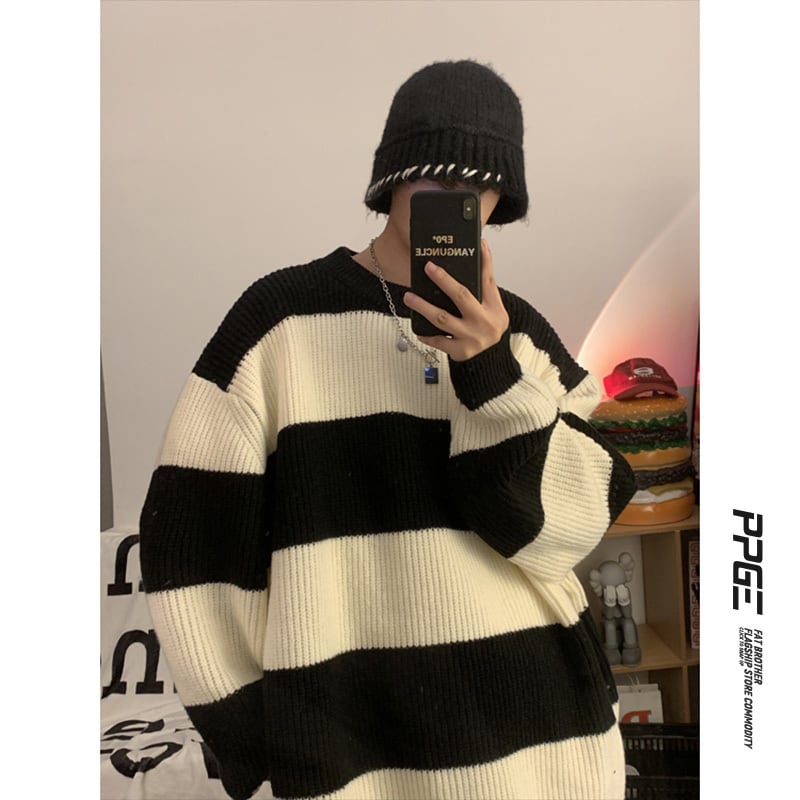 [PPG Series]★Sweater★ 2color knit tops, horizontal stripes, striped pattern, unisex, men's, casual, easy to match