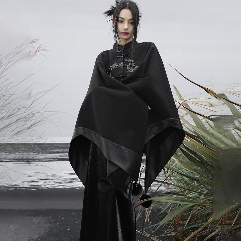 [Da Qinglong Shu Series] ★China style outerwear★ Cloak coat Rasha embroidery Chinese clothing Black Black Irregular