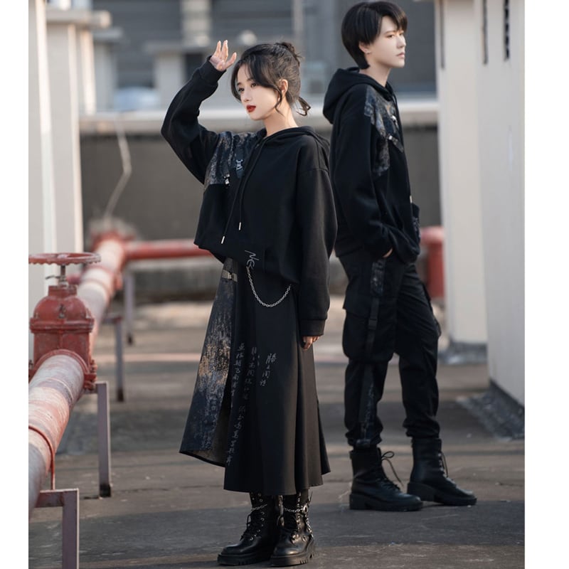 [Kyodo Series]★China style hoodie★ Tops Unisex Men's Switching Black Black Original