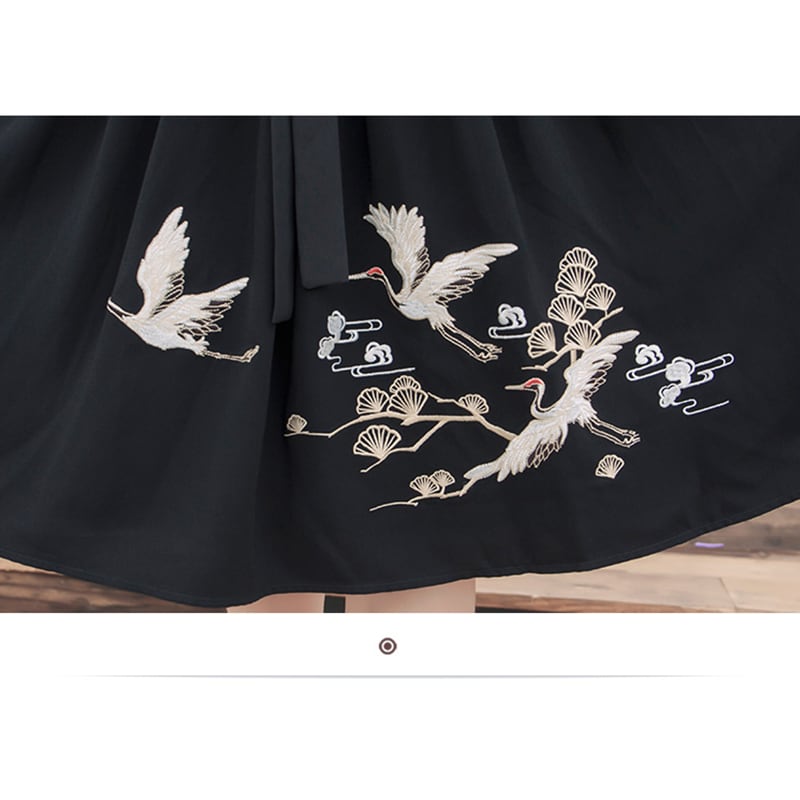 [My Family's Series] ★Chinese-style dress★ Crane embroidery, short sleeves, thong length, A-line, Chinese elements, casual wear, black