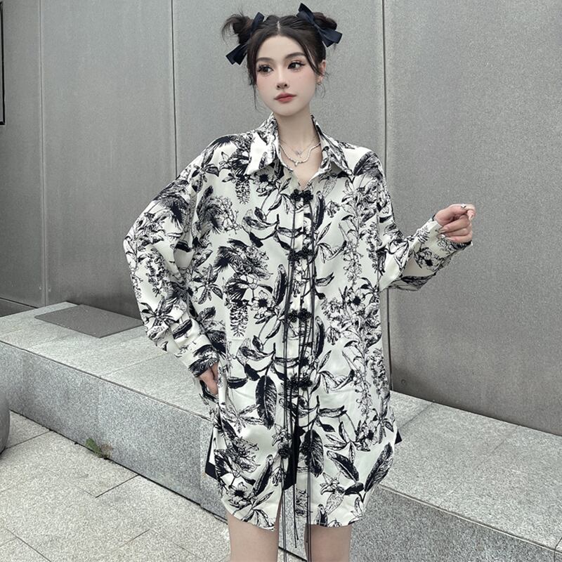 【Styleシリーズ】★チャイナ風シャツ★ トップス 中華服 改良唐装 水墨柄 ゆったり ファッション 着痩せ