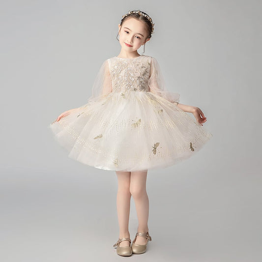 Children's Dress, Children's Dress, Kids' Dress, Junior, Formal, Piano Recital, Wedding, Kindergarten Ceremony, Graduation Ceremony, Children's Clothes, Girls, Knee Length Dress, Children's Dress, Round Neck, 3/4 Sleeve, Gold, Hanado