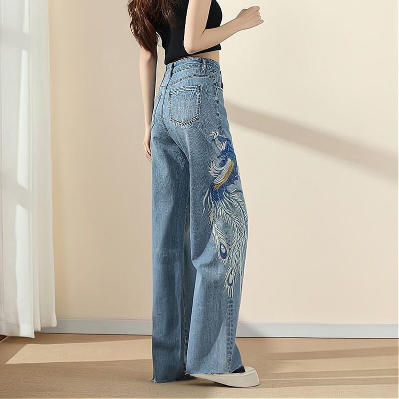 [HANMOYAN Series]★Denim Pants★ Trousers Bottoms Embroidery Phoenix Spring/Summer Slimming Ladies Blue Blue