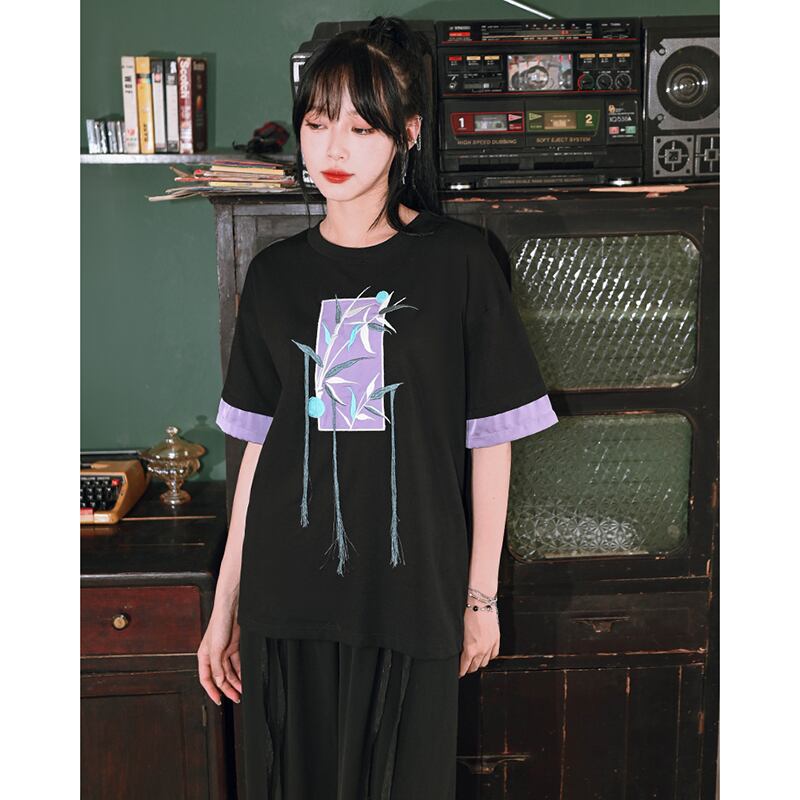 [Kokaisha --- Bamboo Series] ★China style T-shirt★ Tops Bamboo pattern embroidery Original Cotton Fringe