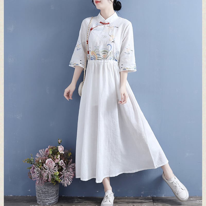 [Qing Series]★Chinese style dress★ 4 colors embroidery cotton linen white yellow blue pink literary style