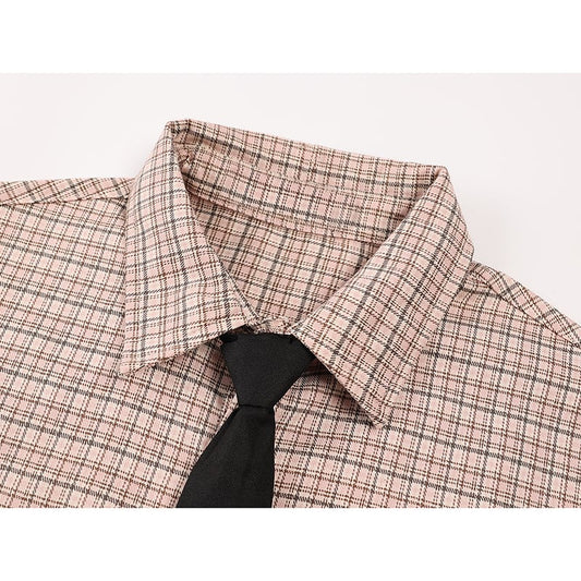 [LHSEN Series]★Shirt with tie★ Long sleeve shirt, plaid pattern, stylish, pink, cute, easy to match