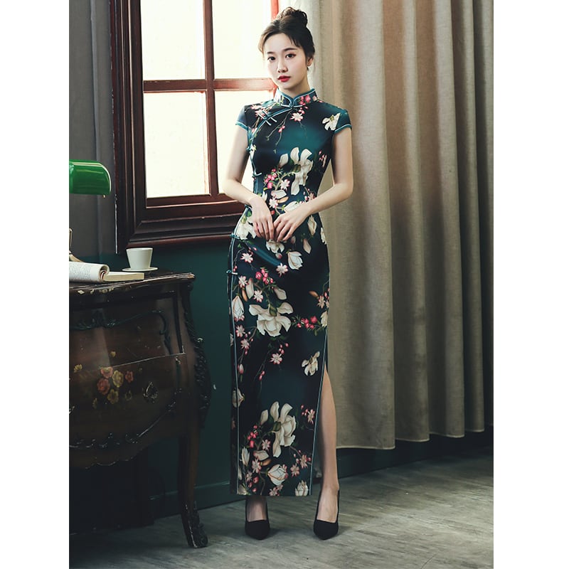 Chinese dress, Chinese style clothing, party, after-party, girls' night out, class reunion, stand neck, short sleeve, long length, elegant, pretty, retro, large size, SML, XL, 2XL, 3XL