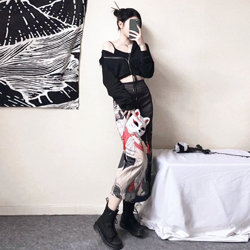 [Miyakoya Series]★China style skirt★Bottoms Kanji pattern Black Black human pattern print Slimming and easy to match