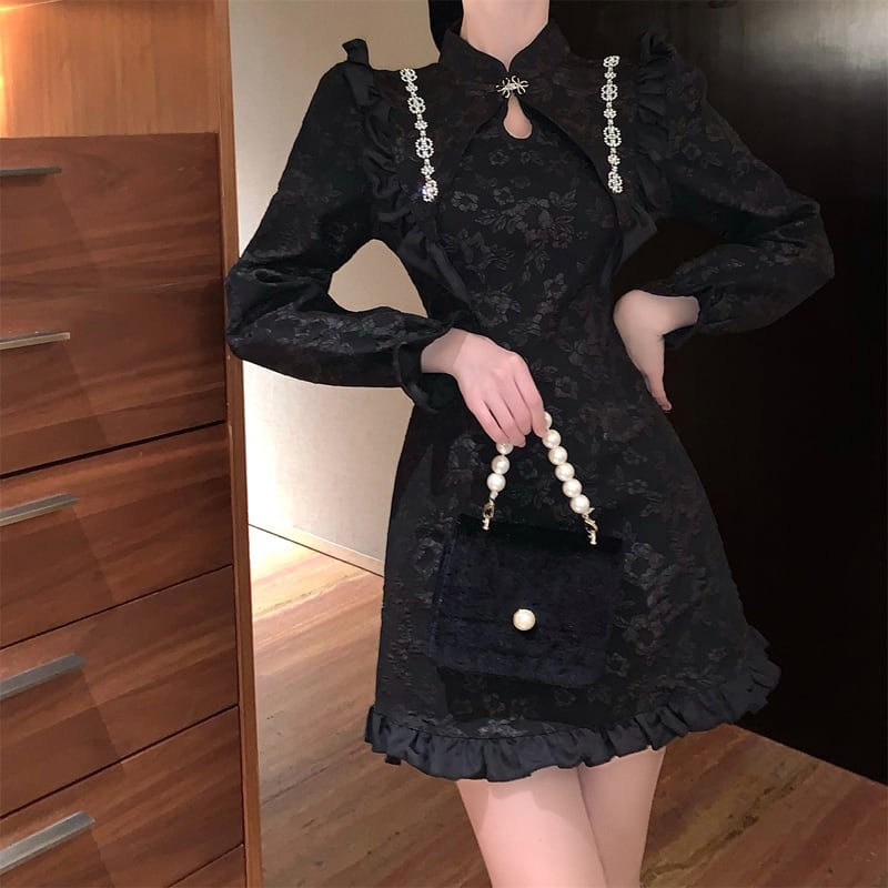 [NANA Series] ★Chinese style dress★ Sexy Chinese clothing Improved cheongsam dress Black Black Cute