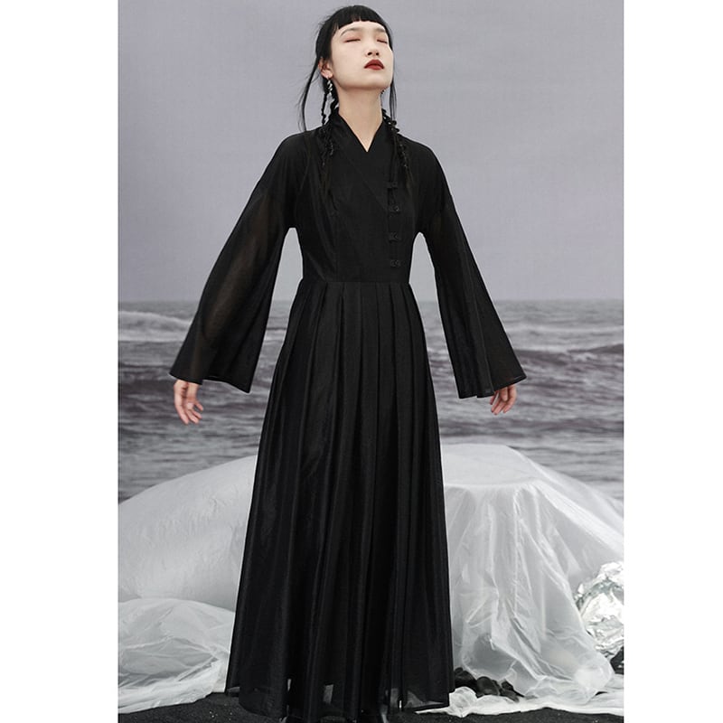 [Da Qinglong Shu Series] ★Chinese style dress★ V-neck long sleeve retro long length original temperament enhancement Chinese clothing