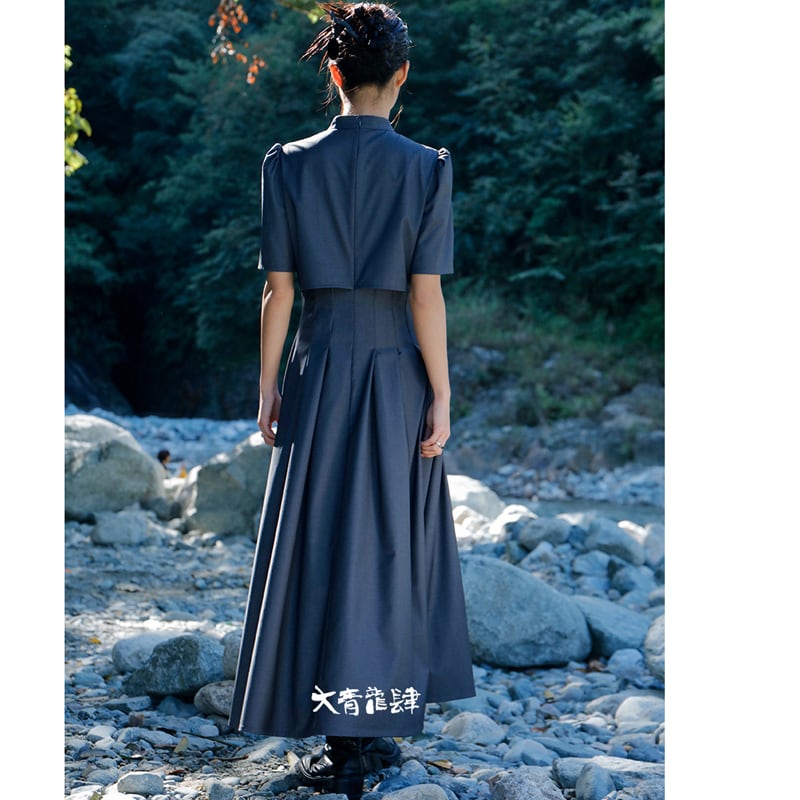 [Big Blue Dragon Series] ★China style dress★ Faux layered stand neck gray gray slimming wear