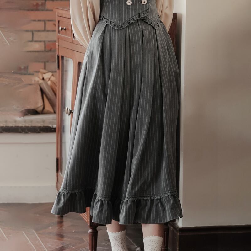 [Minami no Mori Series] ★Skirt★ Bottoms Improves temperament Cute Gray Gray SML XL Vertical stripes Ladies