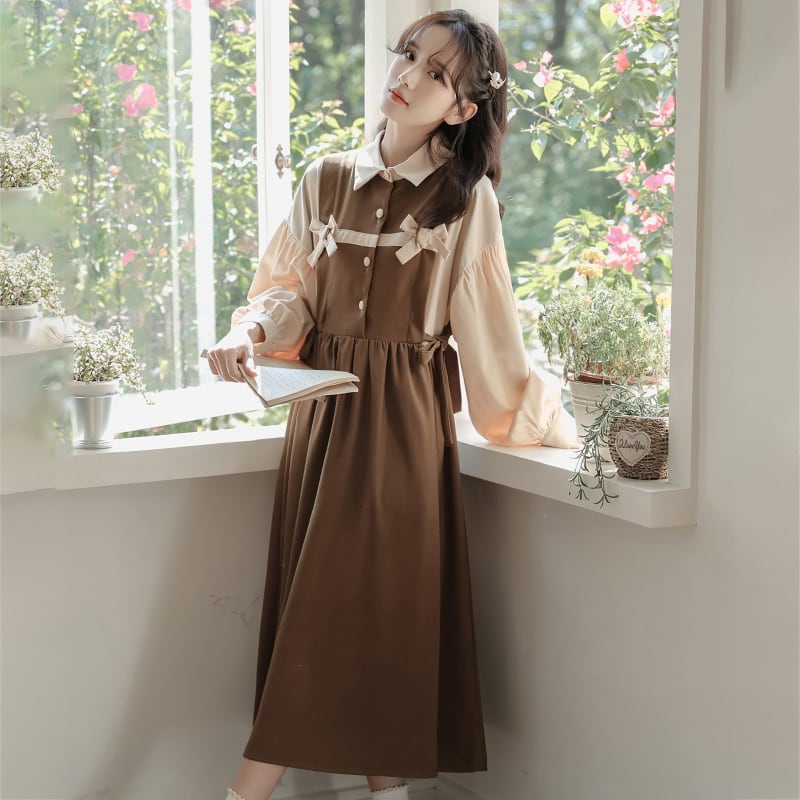 [Minami no Mori Series] ★One Piece★ Long Sleeve Women's Switching Faux Layered Office Lady Commuting Date Ribbon