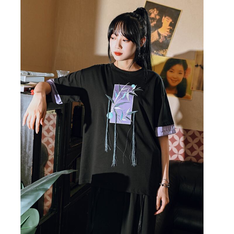 [Kokaisha --- Bamboo Series] ★China style T-shirt★ Tops Bamboo pattern embroidery Original Cotton Fringe