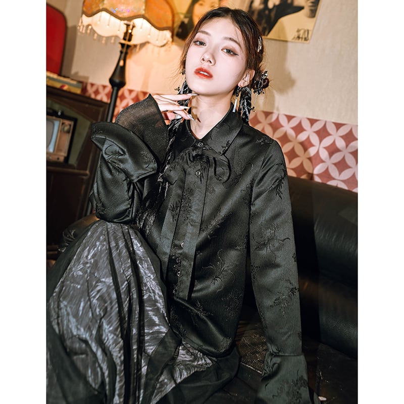 [Kokaisha --- Chichiku Series] ★China style shirt★ Tops long sleeve shirt retro black black original