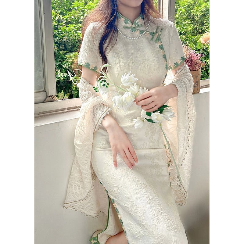 [ZHUDIMEI Series] ★China-style dress★ Improved cheongsam dress, elegant, short sleeves, floral pattern, beige, slimming