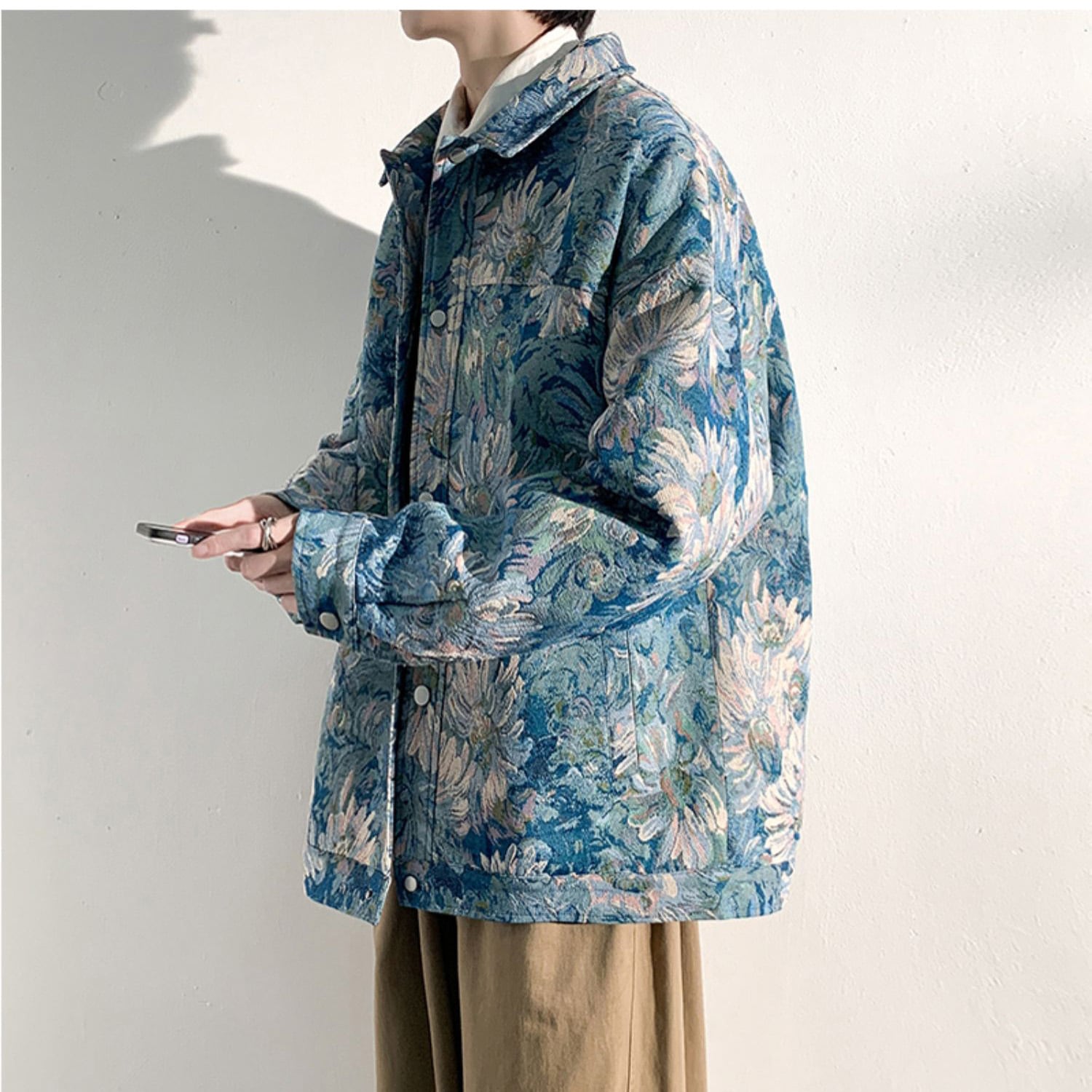 [KADISHOU Series] ★Jacket★ Outerwear 2color Oil Painting Style Floral Pattern Unisex Men's Large Size Blue Green