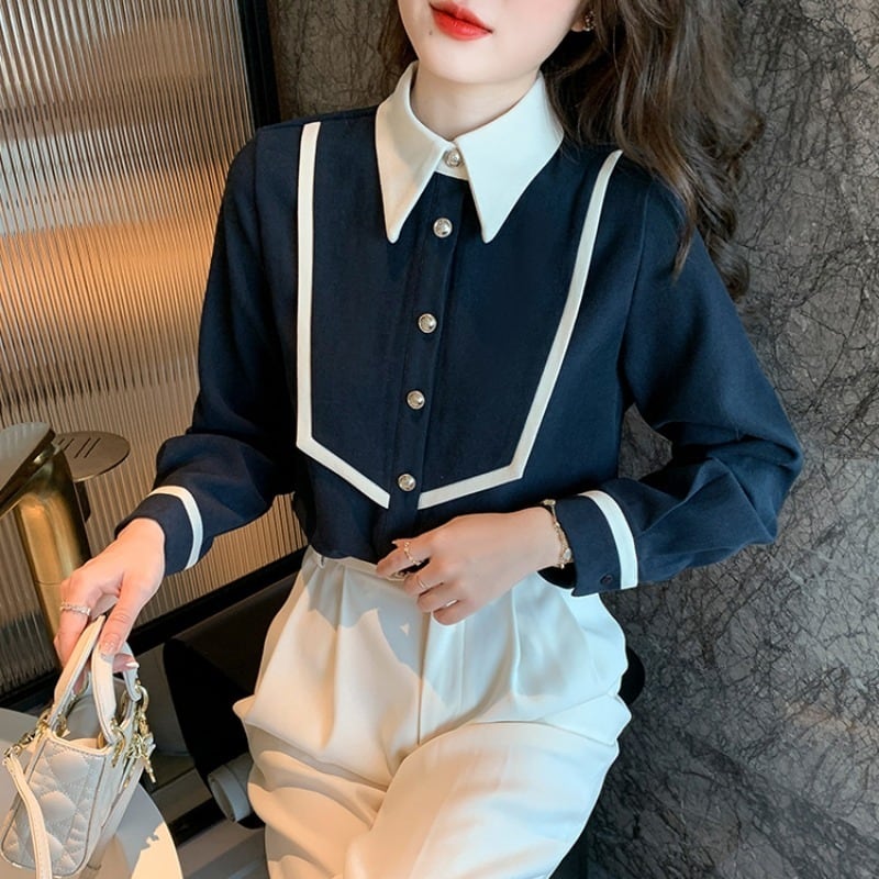 [Kaederin Series]★Shirt★ 2color Tops Women's Temperament Enhancement Fashion Commuting Date Navy Apricot