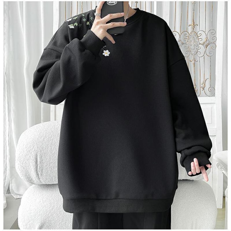 [BIGEMAN Series] ★Tops★ 2color Embroidery Long Sleeve Tops Unisex Men's Large Size Black Purple