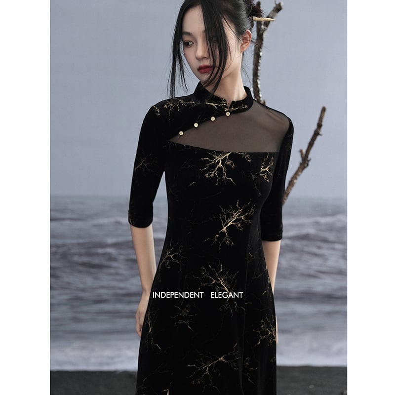 [Daiseiryusu Series] ★China-style dress★ Improved cheongsam dress, velvet, switching slit, black